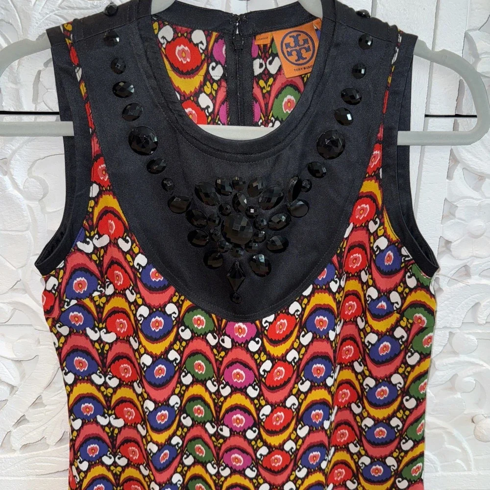 Tory‎ Burch Women's Multi-Color Print Beaded Top Size 2 Sleeveless Zip 100% Silk